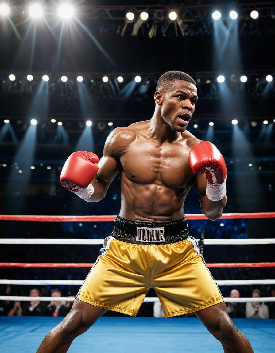 A fierce boxer in a dynamic pose, wearing golden gloves, surrounded by energetic vibes symbolizing strength and victory. In the background, a cheering crowd and a boxing ring lit with bright spotlights create an intense atmosphere. The boxer’s expression reflects determination and focus, embodying the strategies for success in boxing. super-realistic. vibrant colors. dynamic composition.
