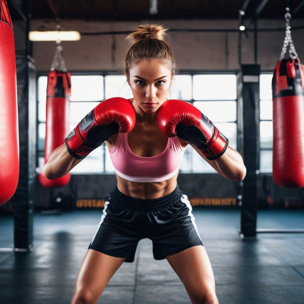 A dynamic boxing scene featuring a determined athlete training in a vibrant gym. The athlete, wearing bright red gloves and focused expression, is throwing powerful punches at a heavy bag, while sweat glistens on their determined face. Surround the scene with motivational posters and equipment, conveying an atmosphere of hard work and dedication. Bright lighting enhances the intensity of the workout. super-realistic. vibrant colors. 3D.