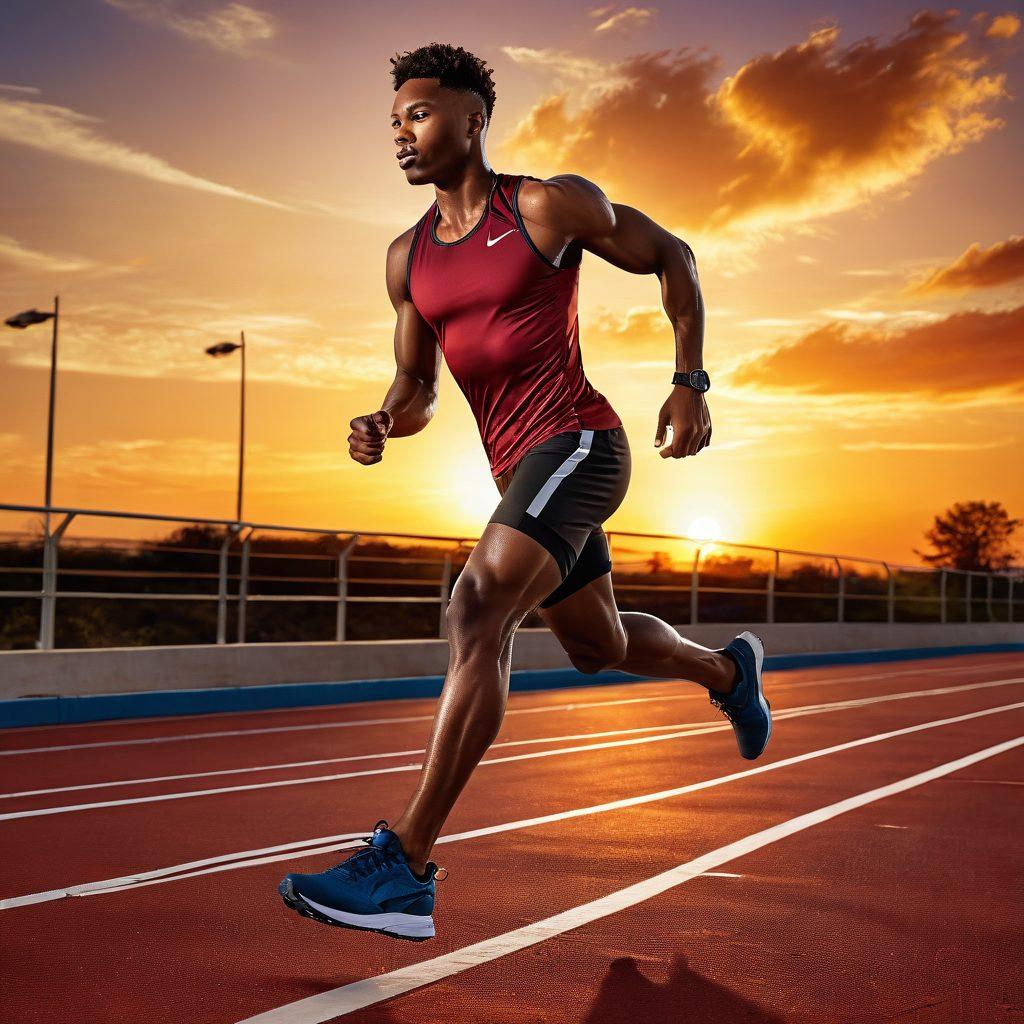 A dynamic scene showcasing various essential sports equipment like high-tech running shoes, a sleek bicycle, and advanced gym gear, all surrounded by an athlete in motion, embodying peak performance. The background features a vibrant sunset at a training track, symbolizing dedication and hard work. Energetic colors and a feeling of movement capture the essence of striving for excellence. super-realistic. vibrant colors. action-packed.